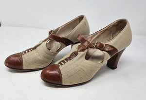 Darling 1930s 40s Pumps Heels Retro Deco Unusual White Cloth and Leather Size 6 - Picture 1 of 13
