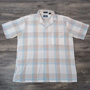 Vintage 80s Surfer Shirt Mens L Knights Bridge Blue White Plaid Button-Up Beach - Picture 1 of 9