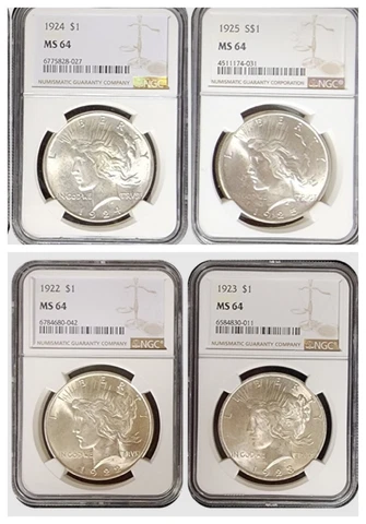 1922-25 Peace Dollar NGC MS64 - 4pc Collector's Set. White Blast & Luster Cover