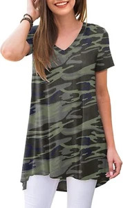 Women's Summer Casual Short Sleeve V-Neck T-Shirt Tunic Top Blouse Shirt XL Camo - Picture 1 of 3