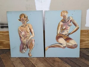 2 Vintage John Huszer 1913-83 figure study 1960 female nude form paintings mcm - Picture 1 of 13
