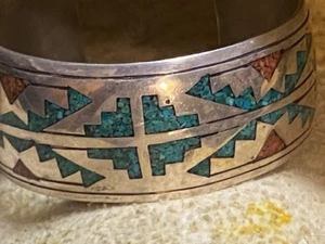 Sterling Silver Chip Inlay Coral & Turquoise Bracelet Navajo Dine Cuff - Bild 1 von 11