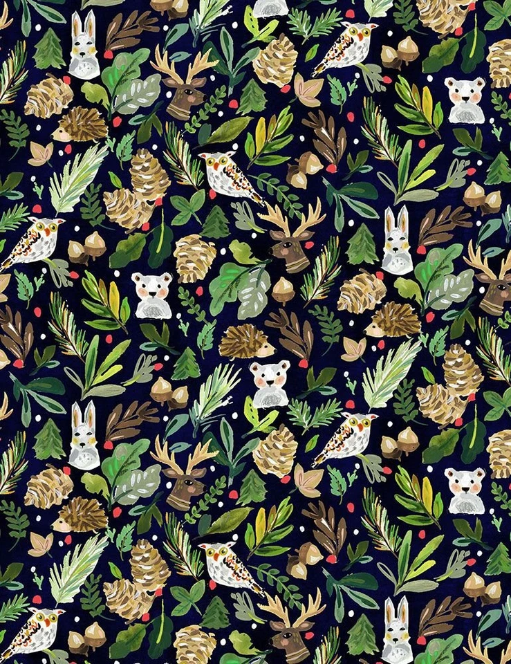 Tecido de Natal | Folha de floresta de inverno árvore coelho coruja | Dear Stella Yard - Imagem 1 de 1