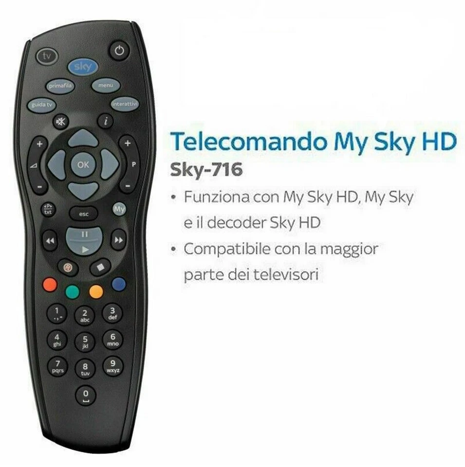 Telecomando Decoder SKY HD e MYSKY 716 UFFICIALE - ORIGINALE usato con batteria - Immagine 1 di 1