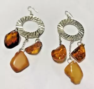 Sterling Silver .925 ~ Natural Baltic Amber ~ 4 1/4" Chunky Dangle Earrings - Picture 1 of 12