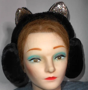 Damen Kinder Ohrenschützer süß Katze warm Ohrenklappe Stirnband Winter faltbar schwarz Kunstfell - Bild 1 von 12