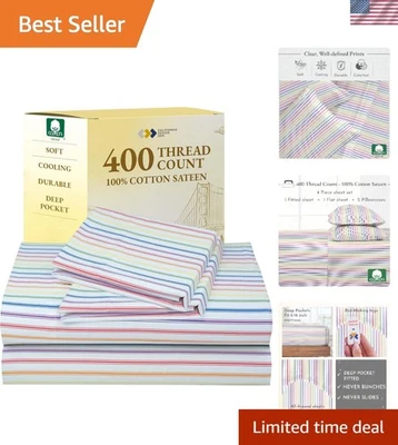 Elegante Juego de Sábanas Queen - Satén 400 TC, Algodón Rayas Arco Iris Resistente a la Desvanecimiento Foto 1 de 4