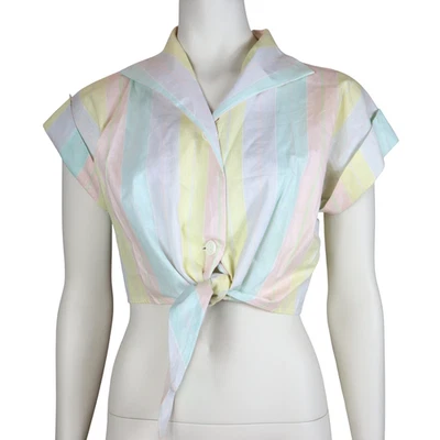 Vintage My Stuff Tie Front Crop Top Pastel Stripe Sailor 1960s USA Women's Small - Image 1 of 4