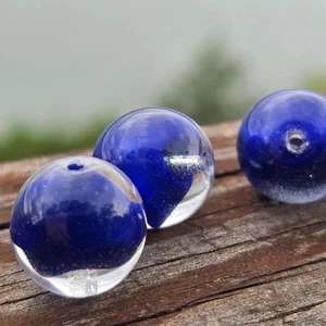 Vintage German Art Glass Beads Clear & Cobalt Blue Round 16mm Old Stock Handmade - Picture 1 of 7