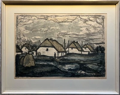 Lithografie Erhard Hippold Häuser in Neuendorf auf Hiddensee 61 x 77 cm - Bild 1 von 4