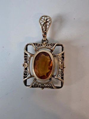 Bel Vecchio Ciondolo, Stile Liberty, Ciondolo A Catena, 835 Argento Con Citrino - Immagine 1 di 4