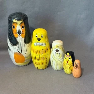 Vintage Russian Nesting Dolls Puppy Dogs Antique Wood Figurine Anthropomorphic - Picture 1 of 5