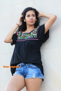 Mexican Blouse Campesina with Floral Hand Embroidery | 100% Cotton | Semi-Transl - Picture 1 of 10
