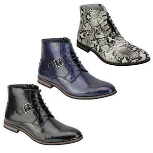 Hommes Faux Cuir Brillant Serpent Peau Bottines Fermeture Lacet Chelsea Shoes - Imagen 1 de 15