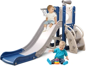 6-in-1 Toddler Slide Playset with Basketball Hoop, Climber, Cubby & Telescope - Picture 1 of 3