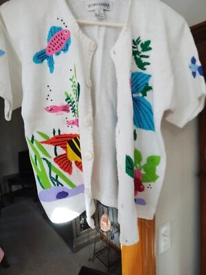 Women's Victoria Harbour Short Sleeve Fish Funky Tropical Sweater Size L - Image 1 of 3