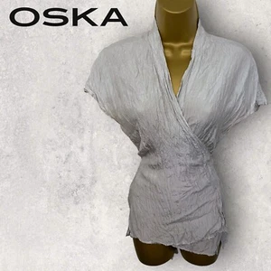 OSKA Womens Light Grey Silver Crinkle Silk Wrap Top  Size 1 UK 8/10 - Picture 1 of 3