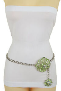 Women Silver Metal Chain Links Elegant Bling Belt Cute Green Flower Charm XS S M