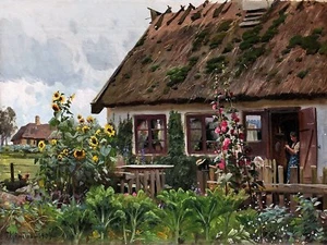 village house flowers by P. Monsted Tile Mural Kitchen Backsplash Marble Ceramic - Picture 1 of 19