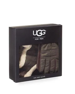 NUEVO CONJUNTO DE SOMBRERO Y GUANTE DE PIEL DE OVEJA UGG AUSTRALIA PARA HOMBRE VERDE ABETO Y MARRÓN  - Imagen 1 de 3