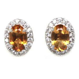 925 Sterling Silver 4 x 6 mm. Golden Yellow Citrine & Cubic Zirconia Earrings - Picture 1 of 4