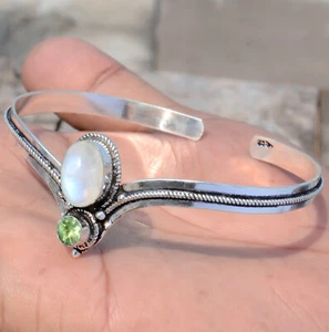 Blue Fire Moonstone, Peridot Gemstone Bracelet 925 Sterling Silver Gifted Cuff - Picture 1 of 8