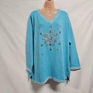 Quacker Factory Women V Neck Pullover Sweater Size 1X Turquoise V Neck Ramie L/S - Picture 1 of 14