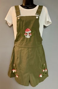 Women’s Olive Green Mushroom & Ivy Embroidery Pattern Overalls Size Small - Picture 1 of 8