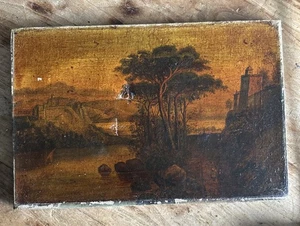 Antique Oil Painting 15x10” Trees Cliffs Church Scene Dated 1898 *Damaged - Picture 1 of 24