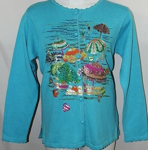 Quacker Factory Blue Cardigan Sweater Sequin Umbrellas by the Sea NWT L - Picture 1 of 6