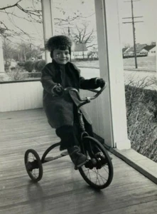 Boy Riding Tricycle On Porch B&W Photograph 3.5 x 5 - Picture 1 of 3