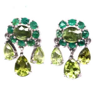 925 Sterling Silver Green Peridot, Sphene, Emarald Earrings White Gold Plated - Picture 1 of 4