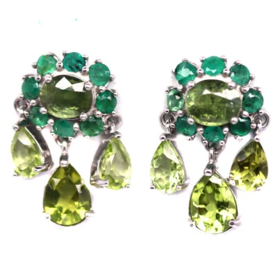 925 Sterling Silver Green Peridot, Sphene, Emarald Earrings White Gold Plated - Image 1 of 4