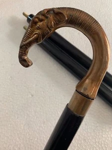 Antiguo bastón de madera antiguo de colección elefante antiguo mango de latón perilla regalo - Imagen 1 de 9