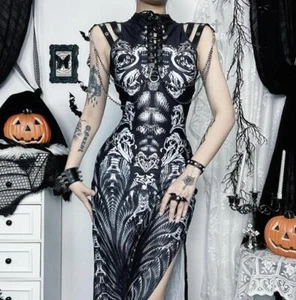 Women's Gothic Punk Skeleton Metal Chain Lace Up Halloween Slit Long Dress 7052 - Picture 1 of 7