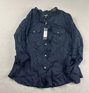 Talbots Shirt Womens 12P Blue Ruffle Neck Roll Tab Sleeves Button Up Top NWT - Picture 1 of 10