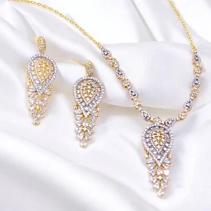 Three-Tone with Cubic Zirconia Pendant Necklace and Drop Earrings Bridal Set. - Picture 1 of 5