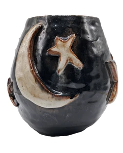 Vintage Studio Art Pottery Brown Chunky Moon and Stars Celestial Jar Vase 5" - Picture 1 of 9