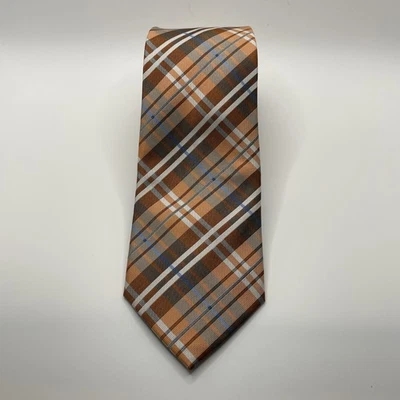 Gravata STAFFORD SOB MEDIDA CULTURA 100% SEDA LARANJA AZUL BRANCO XADREZ 59 X 3 - Imagem 1 de 3