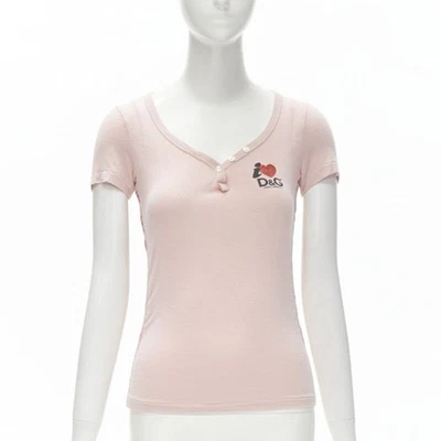 D&G DOLCE GABBANA Y2K Rosa Logo I Love DG Terciopelo Ribete Cuello en V Camiseta IT40 XS Foto 1 de 4
