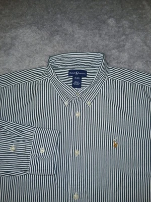 Ralph Lauren Boys Shirt XL 20 Long Sleeve Button Navy/White Striped Flesh Logo - Image 1 of 4