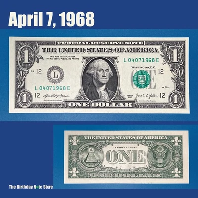 April 7, 1968 Birthday Anniversary $1 One Dollar Bill Serial Number 04071968 - Image 1 of 2