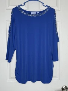 Susan Graver Top Cold Shoulder Rouched Embellished Rhinestones Beads Women's 1x - Picture 1 of 10