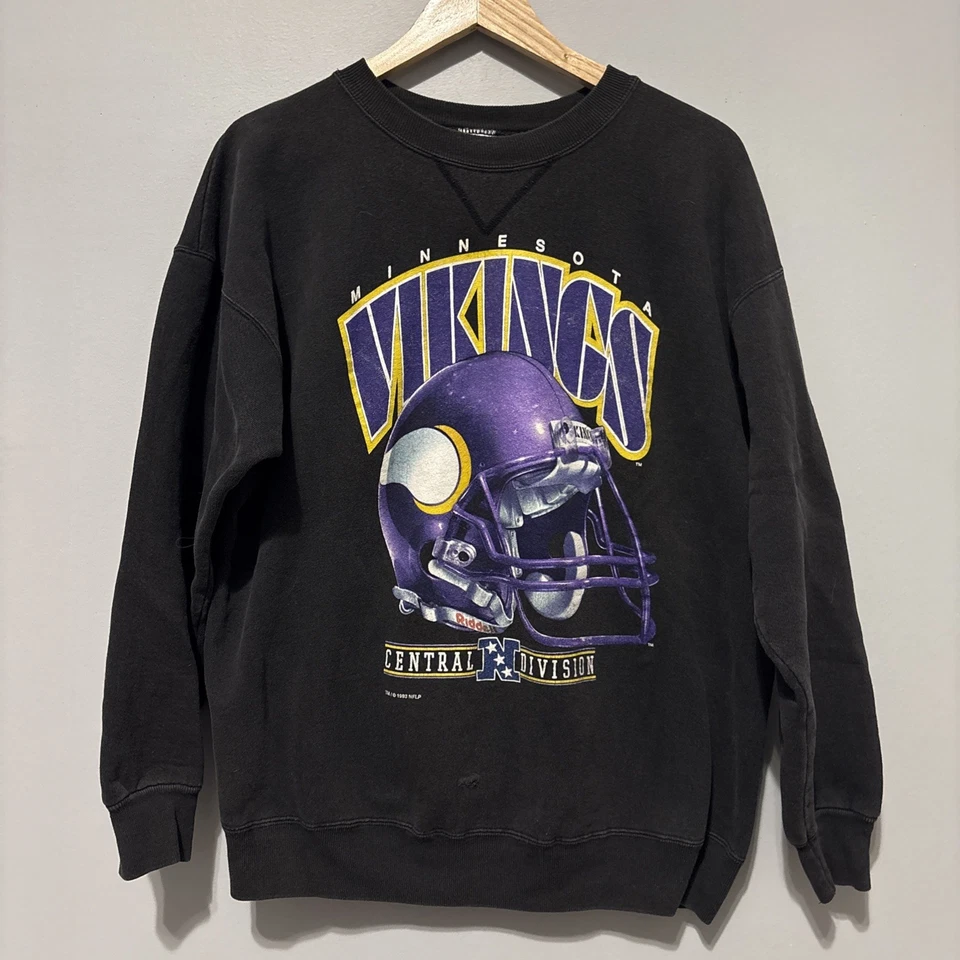 Sudadera De Colección 1993 Minnesota Vikings Negra Cuello Redondo Salem Ropa Deportiva Grande Foto 1 de 4