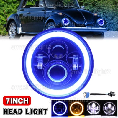 7" Inch Round LED Headlight Hi/Low Beam Blue Halo DRL fiy VW Beetle 1950-1979  - Image 1 of 4