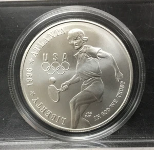 1996-D TENNIS ATLANTA GAMES Commemorative Silver Dollar KEY DATE in CAPSULE - Picture 1 of 5