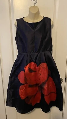 Hermoso vestido azul marino con estampado floral brillante en la parte delantera inferior.  Flare Foto 1 de 3