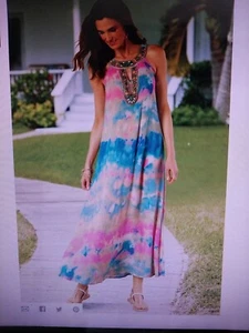 Soft Surroundings Petite S Crinkle Tie Dye Sleeveless Beaded Neck Long Dress - Picture 1 of 12