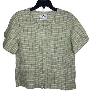 Camisa Lino Verde/Amarillo Manga Corta Cuadros 100% Lino Lagenlook Botón Delantero - Imagen 1 de 8