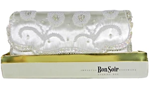 Bon Soir Vintage Abend-Clutch cremefarben Satin italienische Perlen & Pailletten - Bild 1 von 6